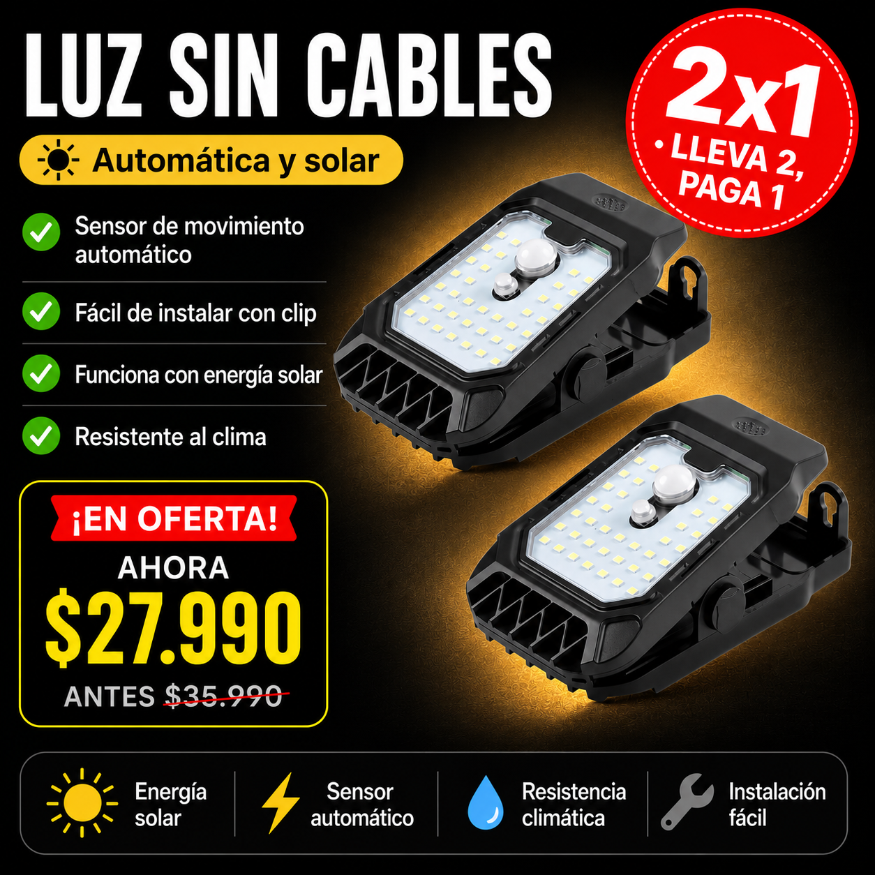 SolarClip™ 2X1 | Lámpara LED Solar con Sensor de Movimiento